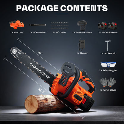 Brushless 16-Inch Chainsaw Cordless with 2×6.0Ah Batteries, Electric Chainsaw with 3 Chains, for Wood Cutting and Yard Work