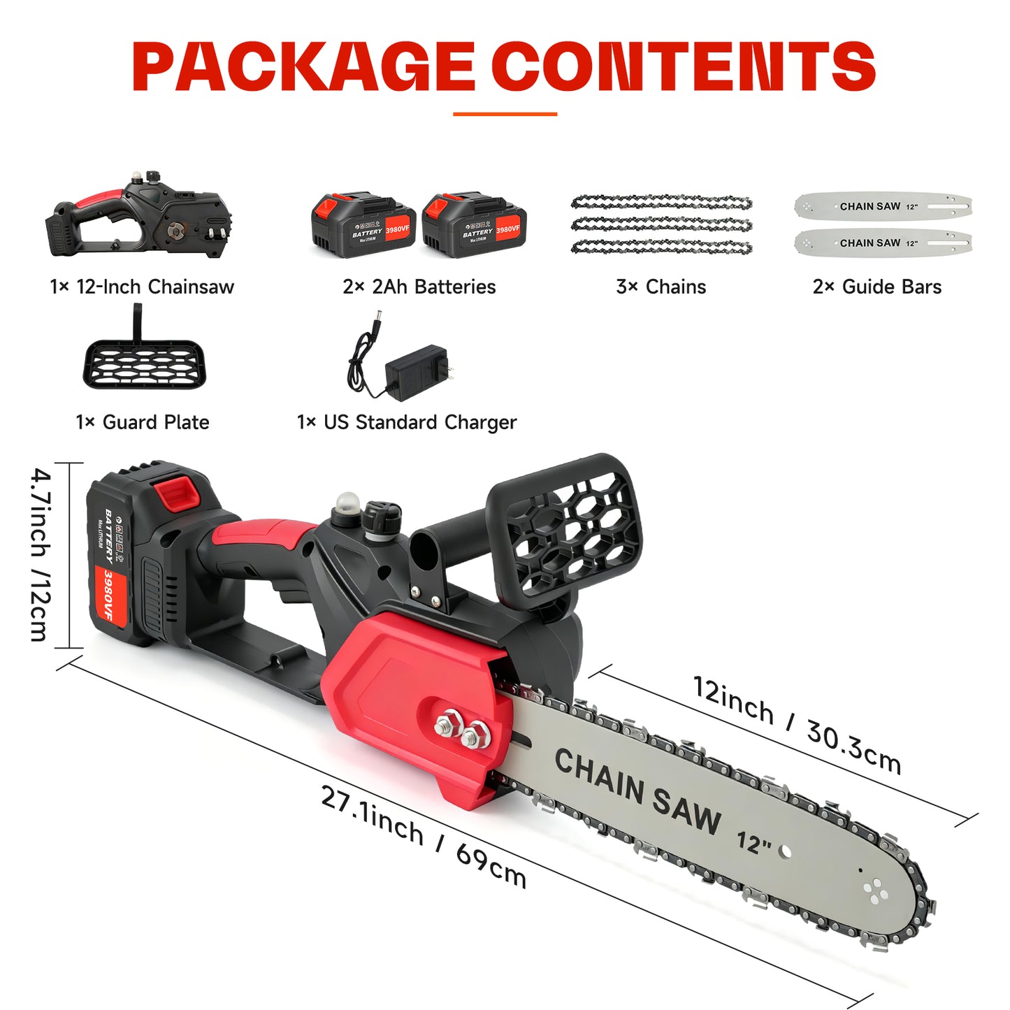 BAOKALER 12" 1800W Cordless Chainsaw, Handheld Electric ChainSaws with 2 x 2.0Ah Batteries & Fast Charger, 3 Chains & 2 Guide Bars, for Wood Cutting, Tree Pruning and Trimming, Red