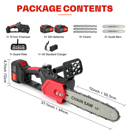 BAOKALER 12" 1800W Cordless Chainsaw, Handheld Electric ChainSaws with 2 x 2.0Ah Batteries & Fast Charger, 3 Chains & 2 Guide Bars, for Wood Cutting, Tree Pruning and Trimming, Red