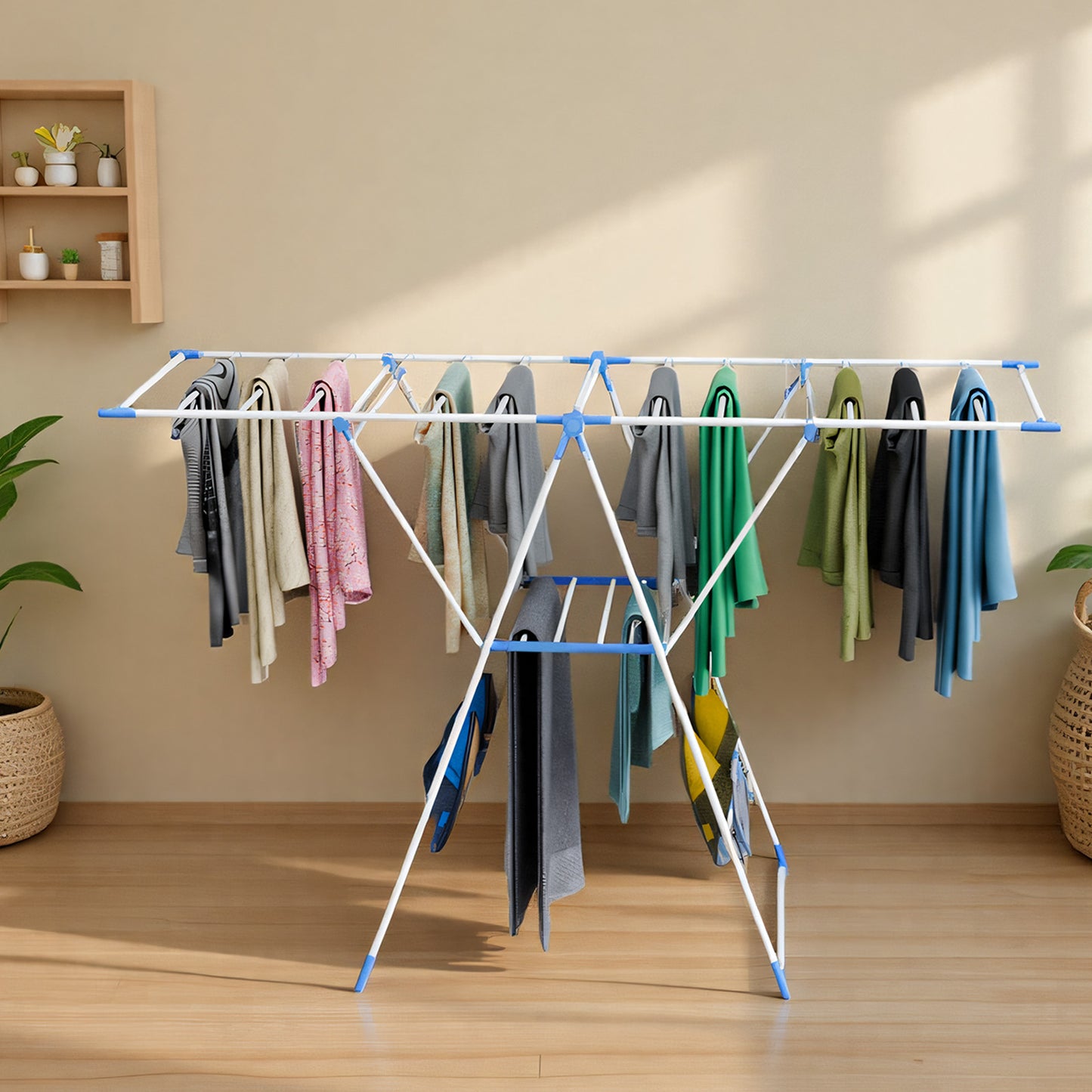 Clothes Drying Rack, 2 Level Foldable Laundry Rack, Rustproof Laundry Clothing Drying Hanger with Height-Adjustable Wings, Space Saving Clothes Garment Dryer, Blue