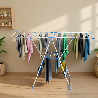 Clothes Drying Rack, 2 Level Foldable Laundry Rack, Rustproof Laundry Clothing Drying Hanger with Height-Adjustable Wings, Space Saving Clothes Garment Dryer, Blue