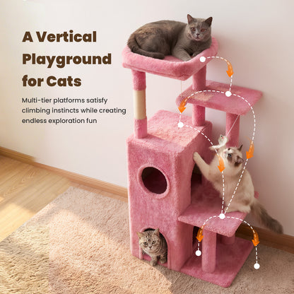 50-inch Pink Cat Tree Tower, Multi-Level Cat Stand with Sisal Scratching Posts & Balls for Playing