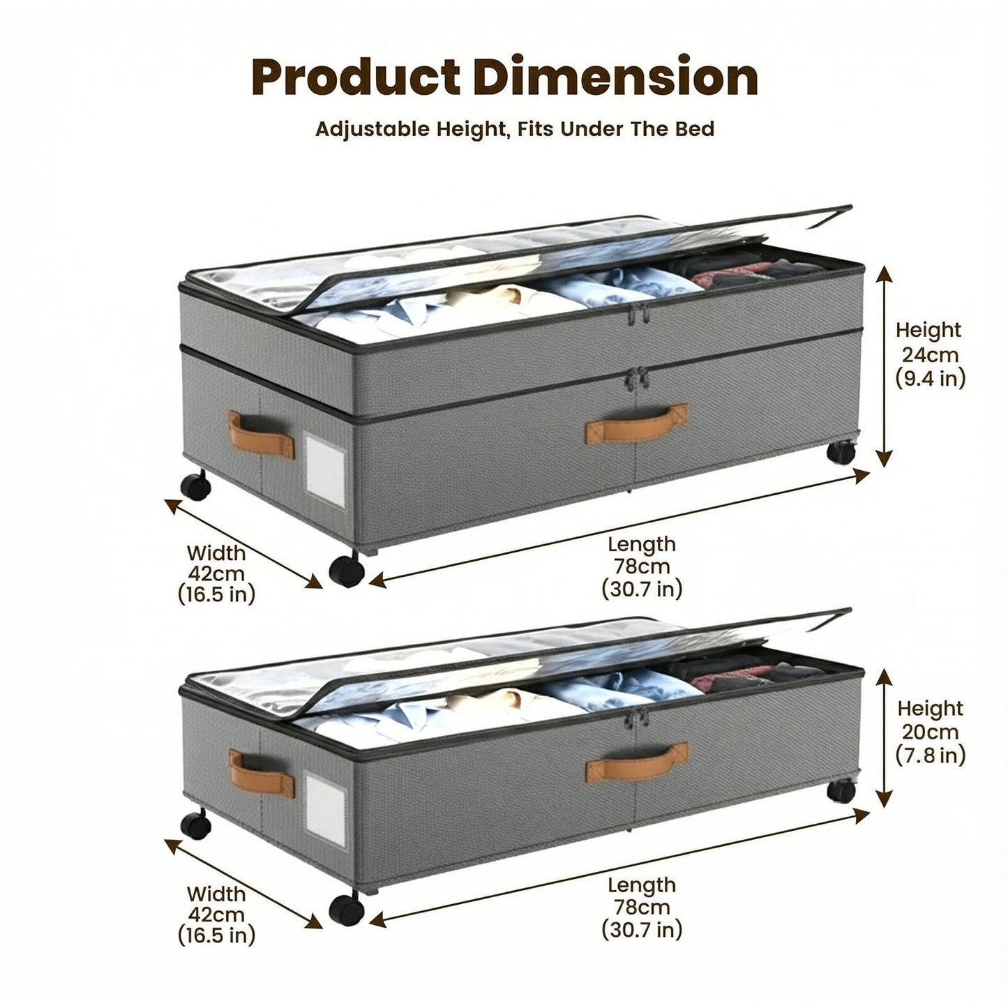 Under Bed Storage with Wheels 2-Pack, 65L XXL Under the Bed Storage Containers Large, 12" Tall Adjustable Storage for Underbed with Lids, Rolling for Shoes, Clothes, Blankets (Gray)