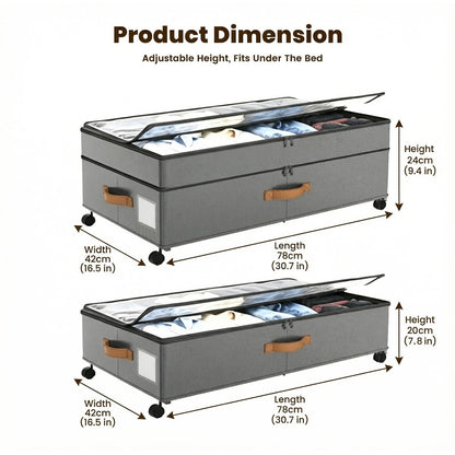 Under Bed Storage with Wheels 2-Pack, 65L XXL Under the Bed Storage Containers Large, 10" Tall Adjustable Storage for Underbed with Lids, Rolling for Shoes, Clothes, Blankets (Gray)