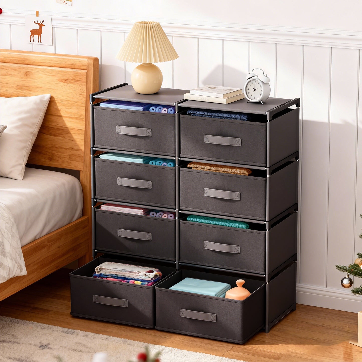 BAOKALER Double Row Non-Woven Fabric Dresser with 4 Drawers, Clothes Drawer Dresser for Bedroom, Hallway, Entryway, Closets, Sturdy Steel Frame, Wood Top, Black