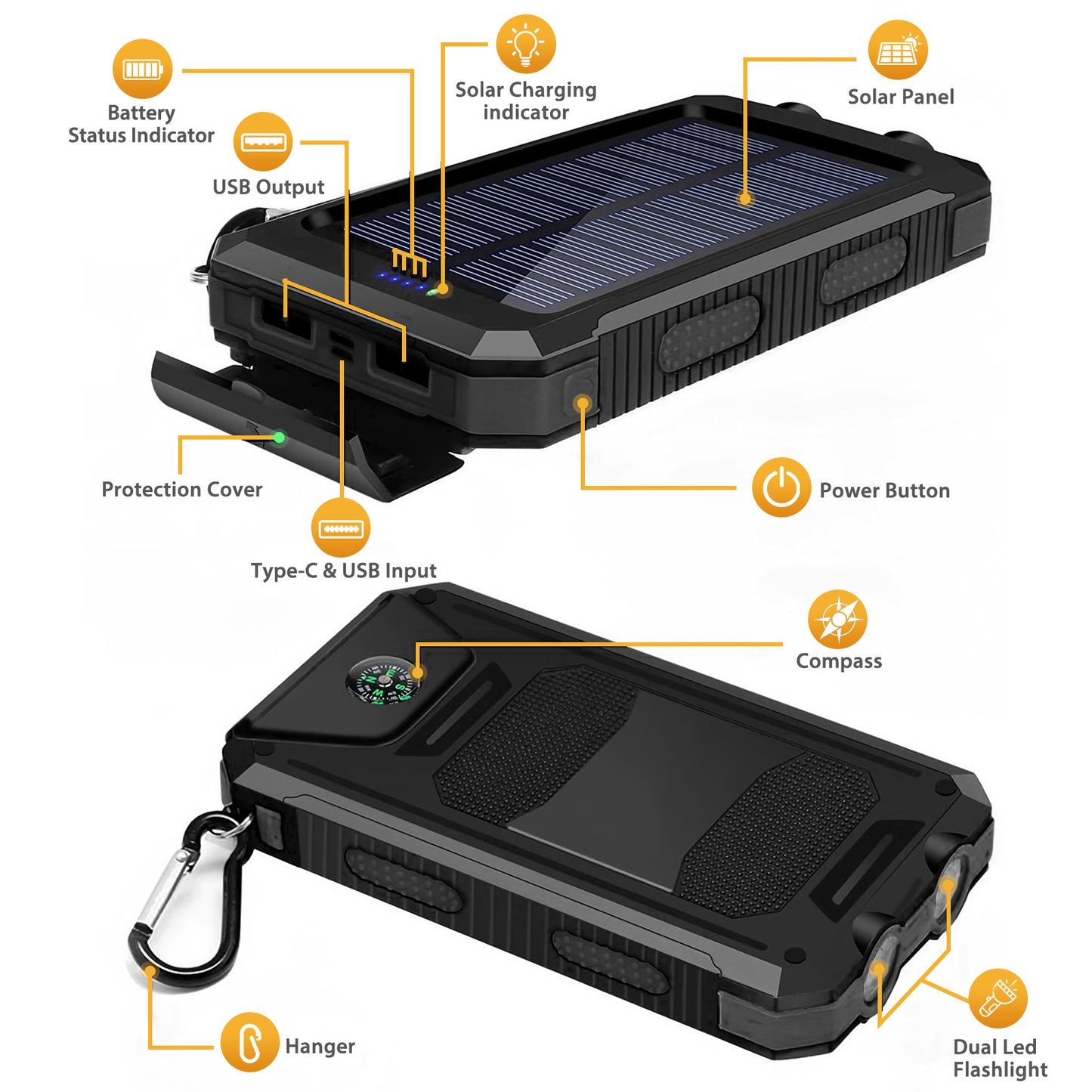 CATGOOD 10000mAh Portable Solar Charger for iphone and Android Power Bank with Dual 5V USB Ports for Outdoor Camping Hiking(Black)