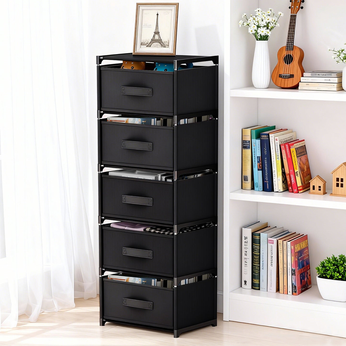 BAOKALER Fabric Dressers for Bedroom with 5 Drawers, Multifunctional Bedroom Storage Cabinet Drawers for Clothes, Small Dresser for Living Room, Hallway, Black