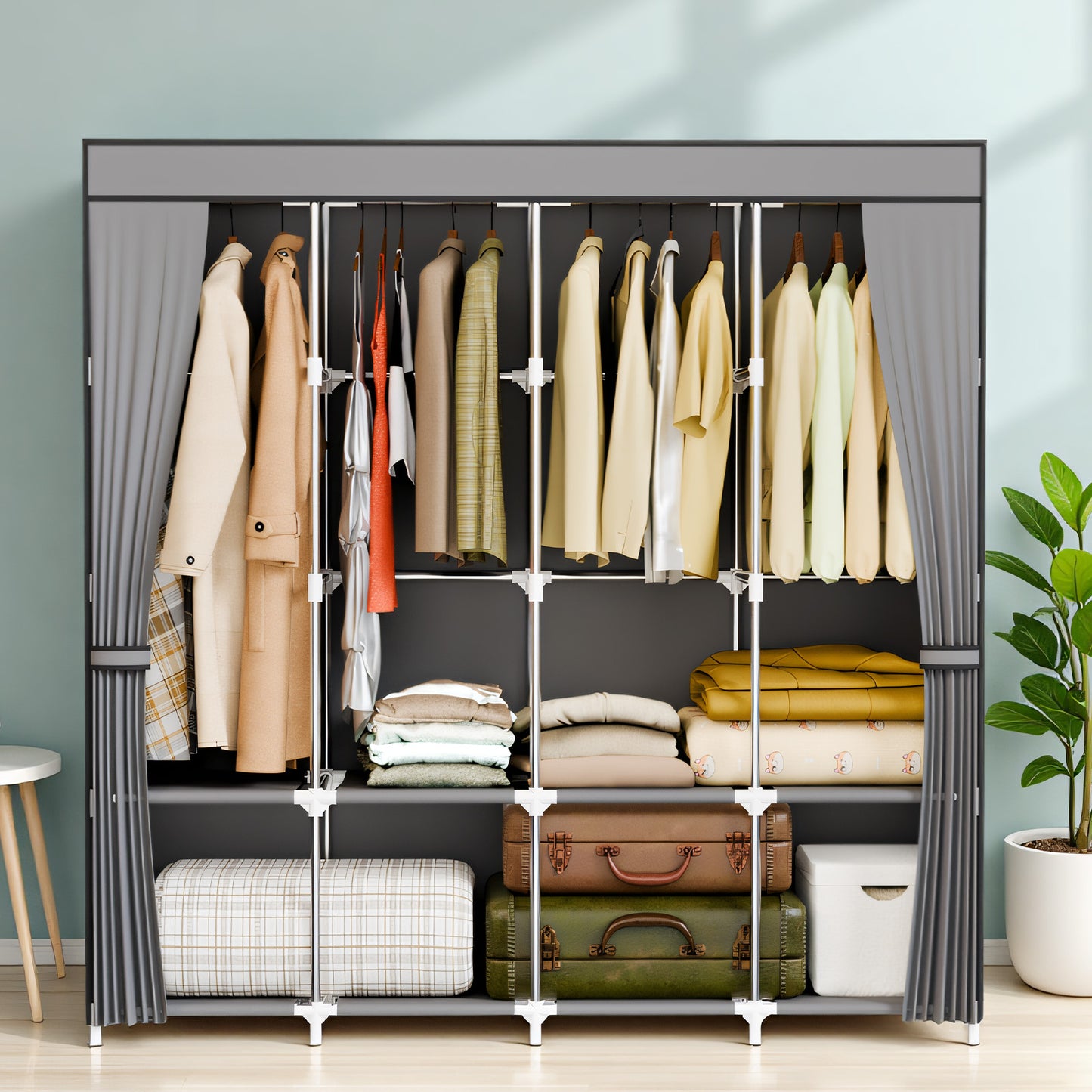 BAOKALER 67-Inch Wide Wardrobe Closet with 4 Hanging Rods & 8 Shelves, Non-Woven Fabric Hanging Closet Organizer, 16mm Steel Tube Clothing Rack for Bedroom, Living Room, Closet, Garage, Dorm, Gray