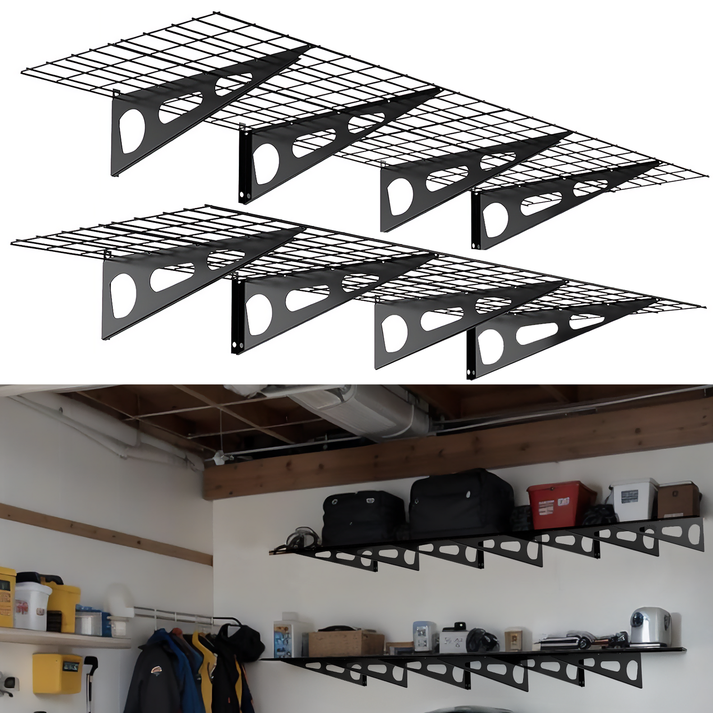 2x6ft Garage Shelving Wall Mounted, 72" x 24" Metal Garage Storage Rack, Industrial Floating Shelves with Wire Grids, 800 Lbs Weight Capacity, Black