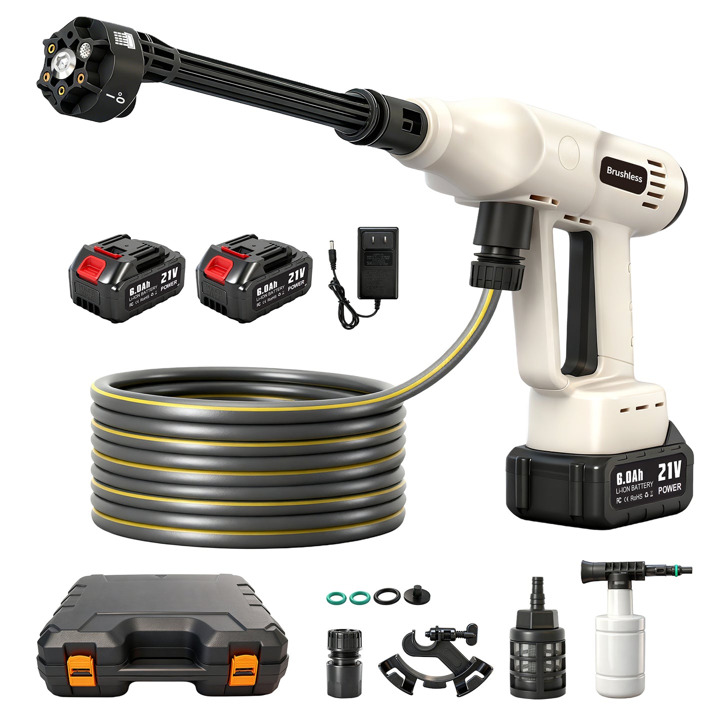 Cordless Pressure Washer, 700PSI Portable Power Washer with LED Display, 2.1GPMPower Cleaner with 6-in-1 Adjustable Nozzle, 16.4ft Hose for Cars/Patios, White