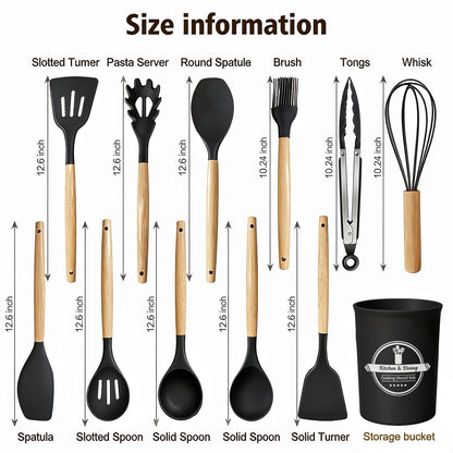Silicone Cooking Utensils Set, Heat Resistant Kitchen Cooking Utensils Set, 12 PCS Handle Silicone Kitchen Gadgets Utensil Set, Black