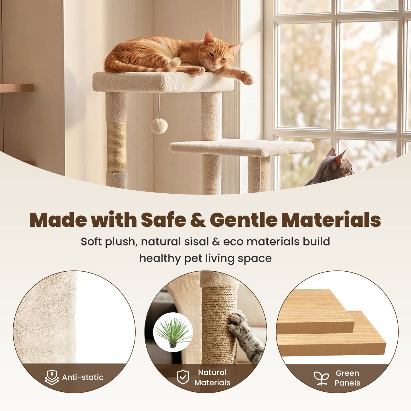 50-inch Large Cat Tree for Adult Cats, Multi-Level Cat Condo with 2 Cozy Caves, Steps, Sisal Scratching Posts & Toys, Beige