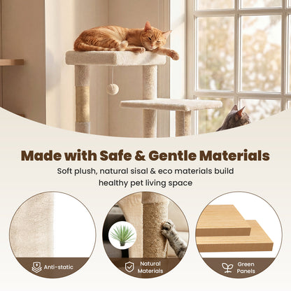 50-inch Large Cat Tree for Adult Cats, Multi-Level Cat Condo with 2 Cozy Caves, Steps, Sisal Scratching Posts & Toys, Beige