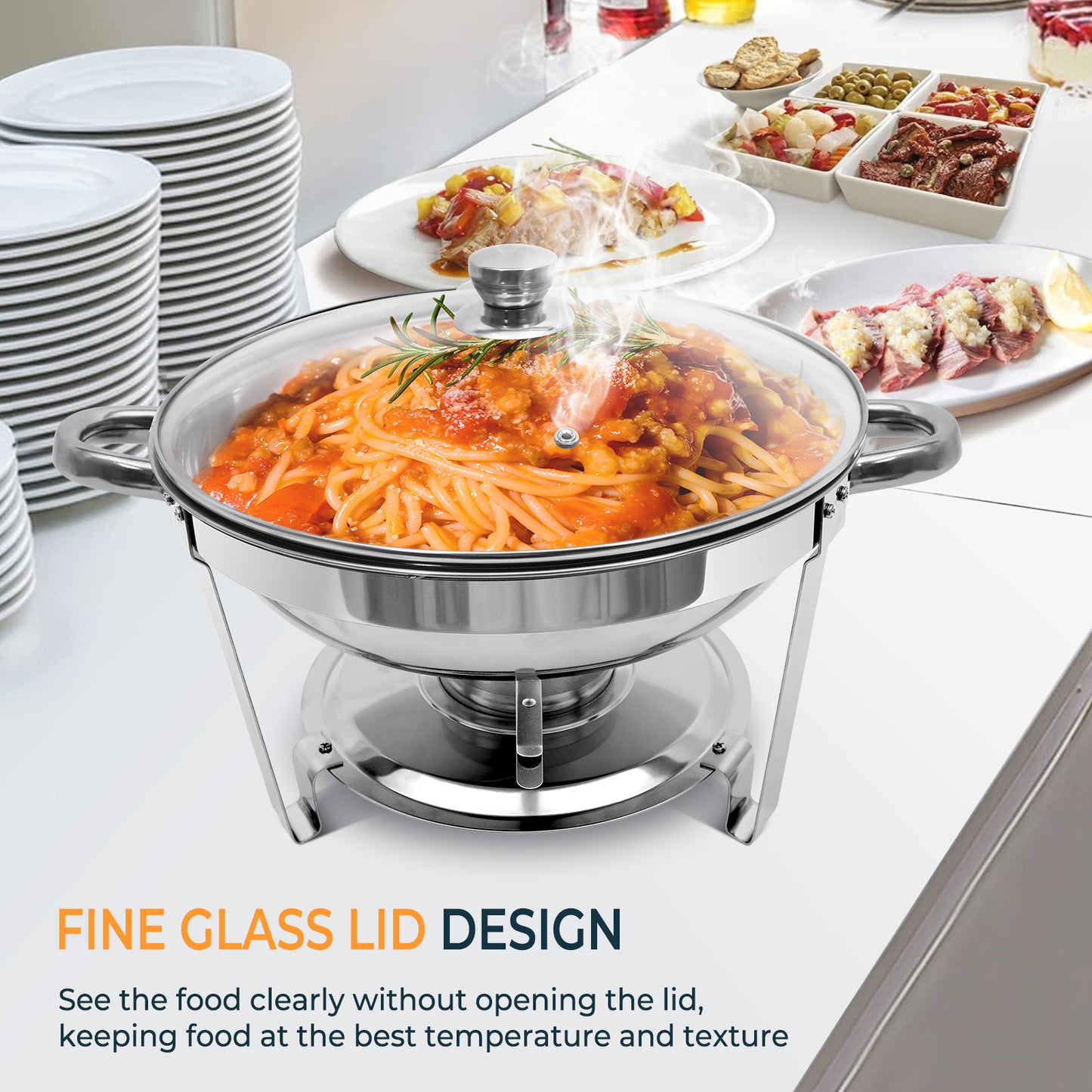 Chafing Dish Buffet Set, 5 Qt 2 Pack, Stainless Steel Chafer with 2 Full Size Pan, Round Catering Warmer Server with Glass Lid Water Pan Folding Stand Fuel Holder, for Wedding Party Banquet