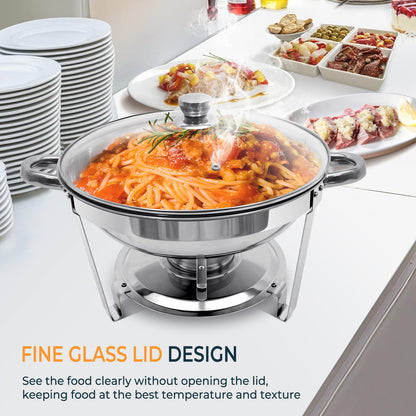 Chafing Dish Buffet Set, 5 Qt 2 Pack, Stainless Steel Chafer with 2 Full Size Pan, Round Catering Warmer Server with Glass Lid Water Pan Folding Stand Fuel Holder, for Wedding Party Banquet