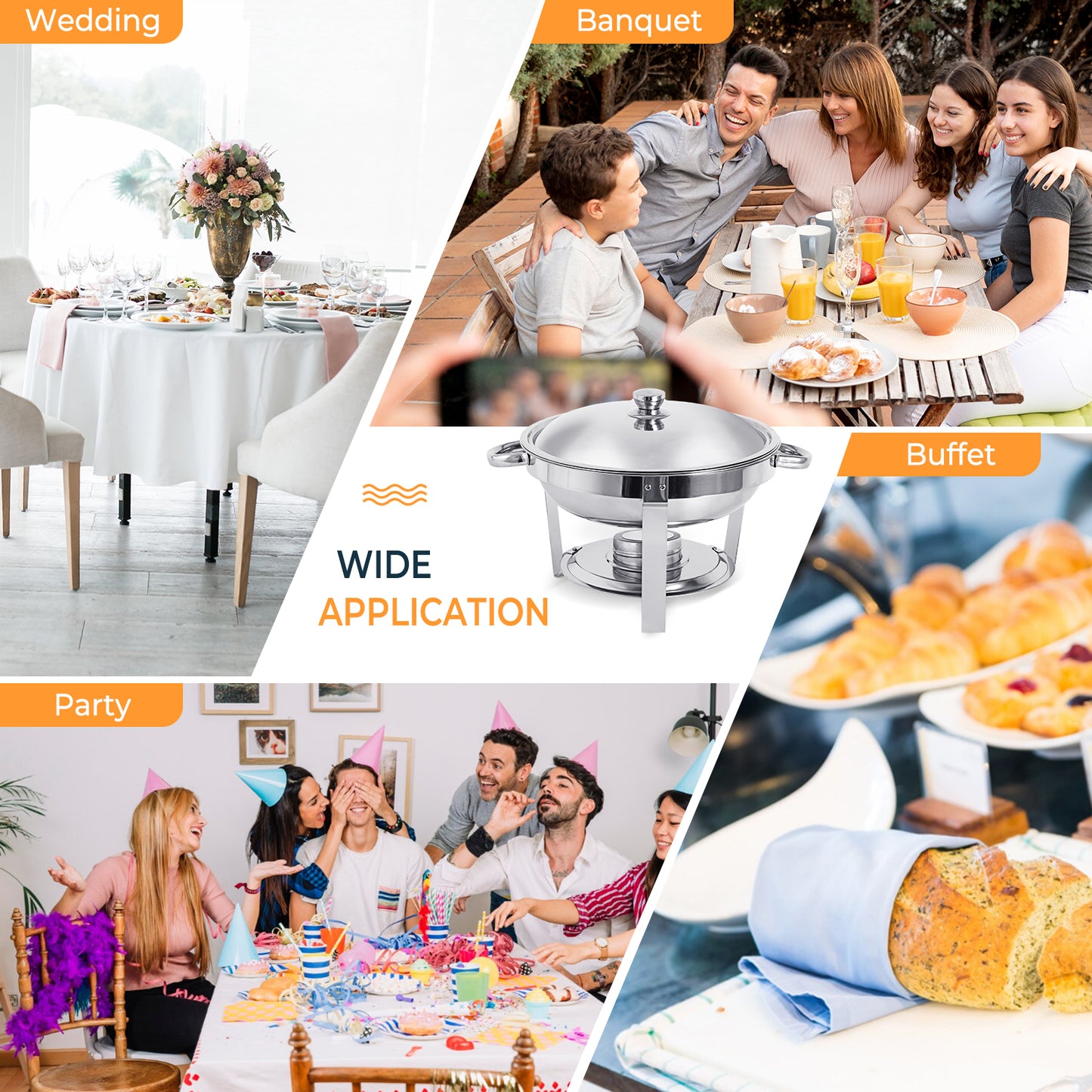 Chafing Dishes for Buffet 4 Pack, 5QT Buffet Server Food Warmer, Round Chafer and Buffet Warmer Sets, Chafing Dishes Stainless Steel for Home Parties,Catering Events