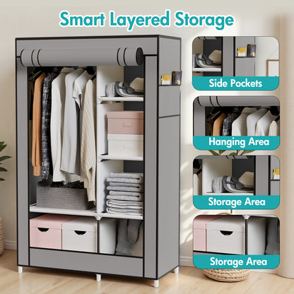 BAOKALER Portable Closet Clothes Garment Rack, Wardrobe Organizer with 6 Shelves & 1 Hanging Rod, 4 Side Pockets for Bedroom, Living Room, Cloakroom, Dorm, Apartment, Gray