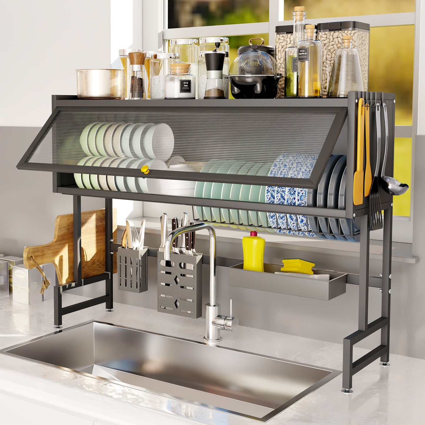 Stainless Steel Dish Drying Rack Over Sink, Black, Dustproof Dish Racks for Kitchen Counter Black, Length-29.53"