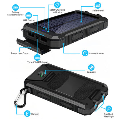 2PK BAOKALER 30000mAh Solar Charger for Cell Phone iPhone, Portable Solar Power Bank with Dual 5V USB Ports, 2 Led Light Flashlight, Compass Battery Pack for Outdoor Camping Hiking(Black)