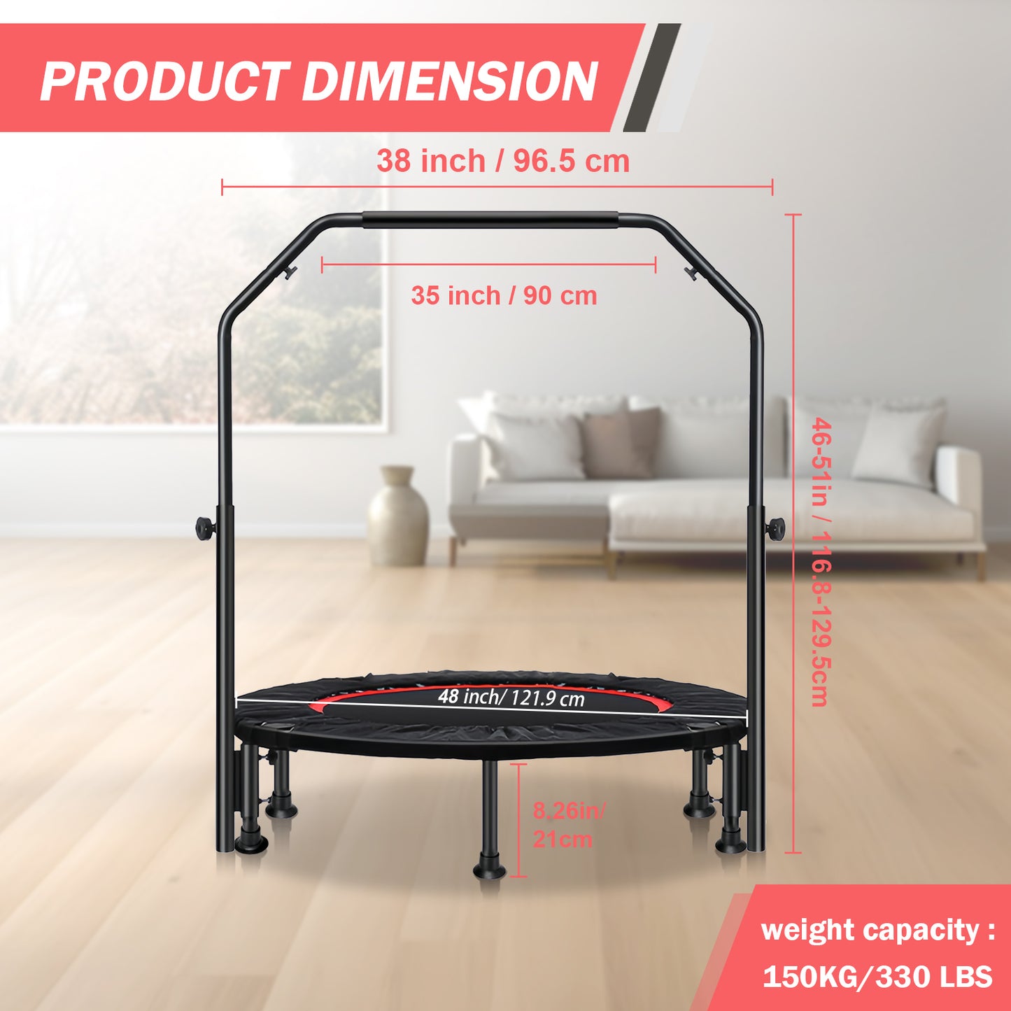 48" Exercise Mini Trampoline, Fitness Rebounder Trampoline for Adults with Adjustable Foam Bar, 330lb, Indoor Trampoline for Adults/Kids