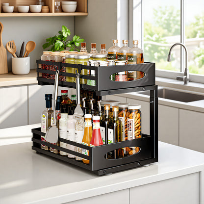 CATGOOD Under Sink Organizer, Multifunctional Pull-Out Under Sink Storage, 2-Tier Under Kitchen Sink Organizer, Waterproof Metal Storage Rack with Sliding Drawer for Kitchen and Bathroom, Black