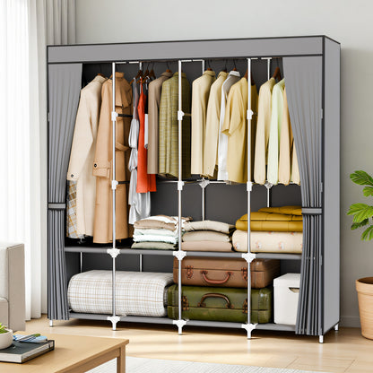 BAOKALER 67-Inch Wide Wardrobe Closet with 4 Hanging Rods & 8 Shelves, Non-Woven Fabric Hanging Closet Organizer, 16mm Steel Tube Clothing Rack for Bedroom, Living Room, Closet, Garage, Dorm, Gray