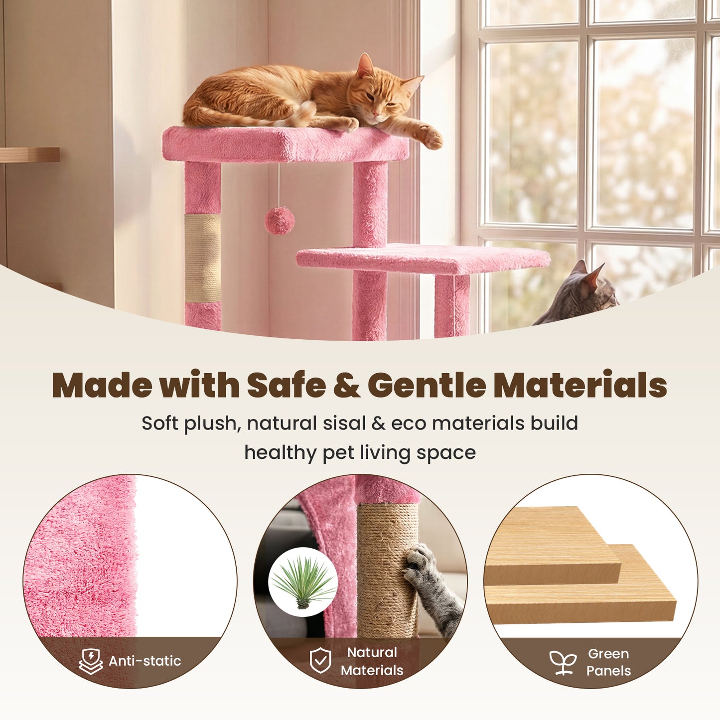 50-inch Pink Cat Tree Tower, Multi-Level Cat Stand with Sisal Scratching Posts & Balls for Playing