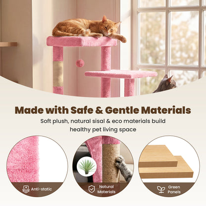 50-inch Pink Cat Tree Tower, Multi-Level Cat Stand with Sisal Scratching Posts & Balls for Playing