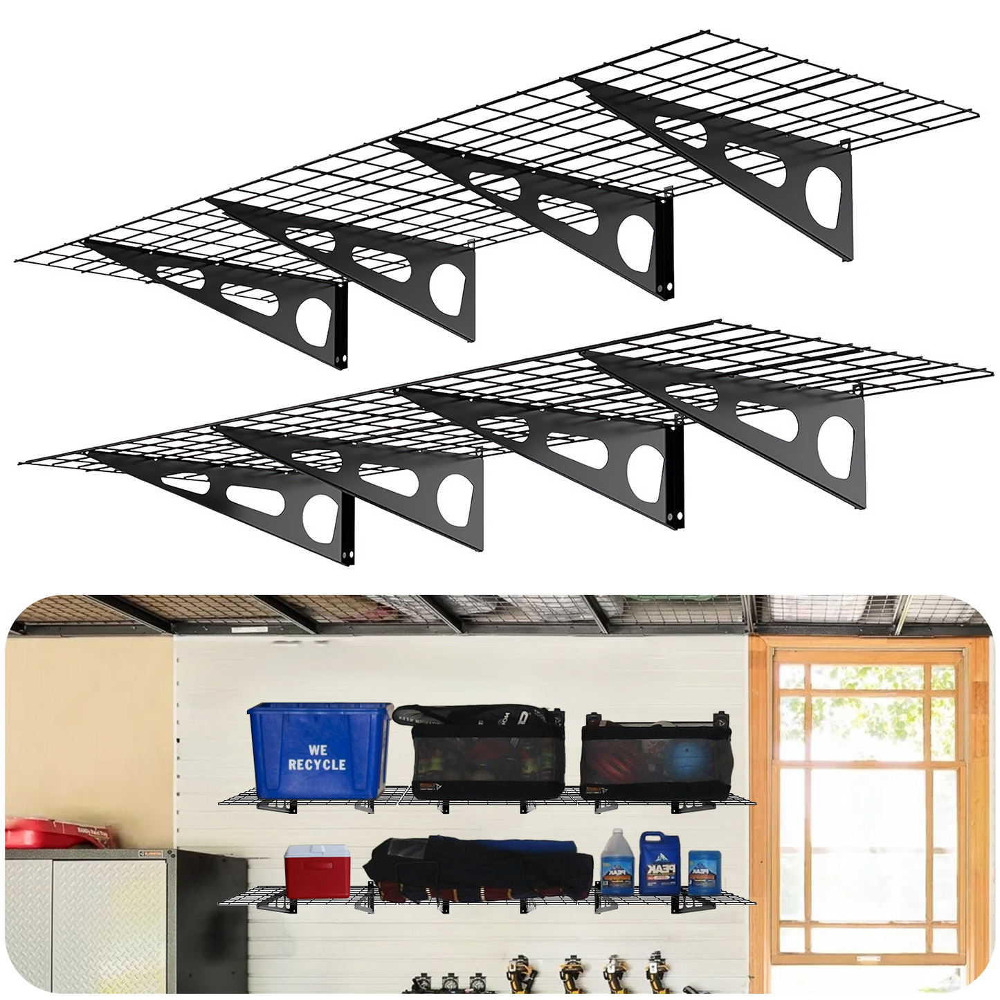 2x6ft Garage Shelving Wall Mounted, 72" x 24" Metal Garage Storage Rack, Industrial Floating Shelves with Wire Grids, 800 Lbs Weight Capacity, Black