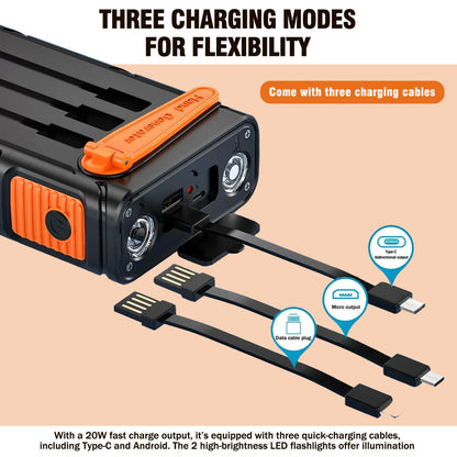 Solar Power Bank, Portable Charger with Dual Output LED Flashlight, Hand Crank Power Bank