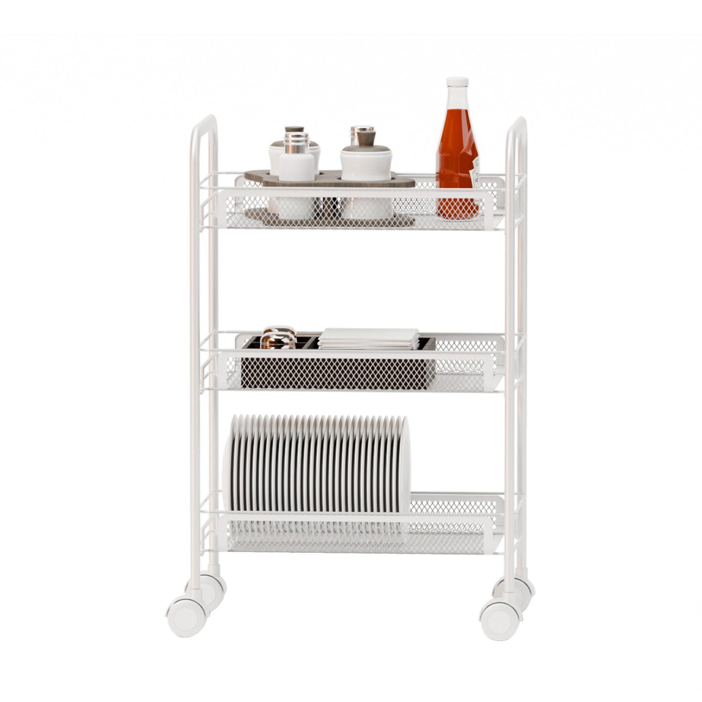 3 Tier Rolling Cart on Wheels, Rustproof Metal Cart with Lockable Wheels, Kitchen Rolling Shelf, Mesh Storage Basket for Living Room, Bathroom, Kitchen, Office, White