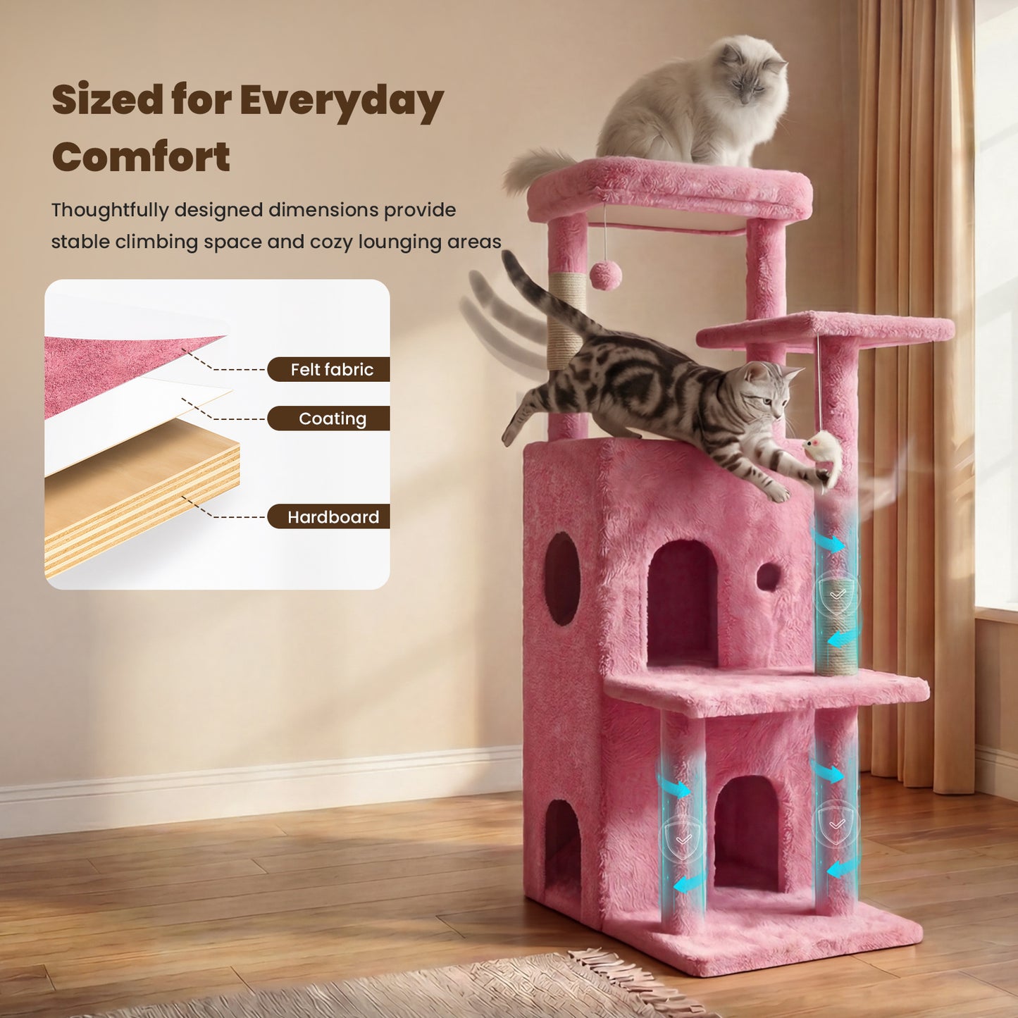 50-inch Pink Cat Tree Tower, Multi-Level Cat Stand with Sisal Scratching Posts & Balls for Playing