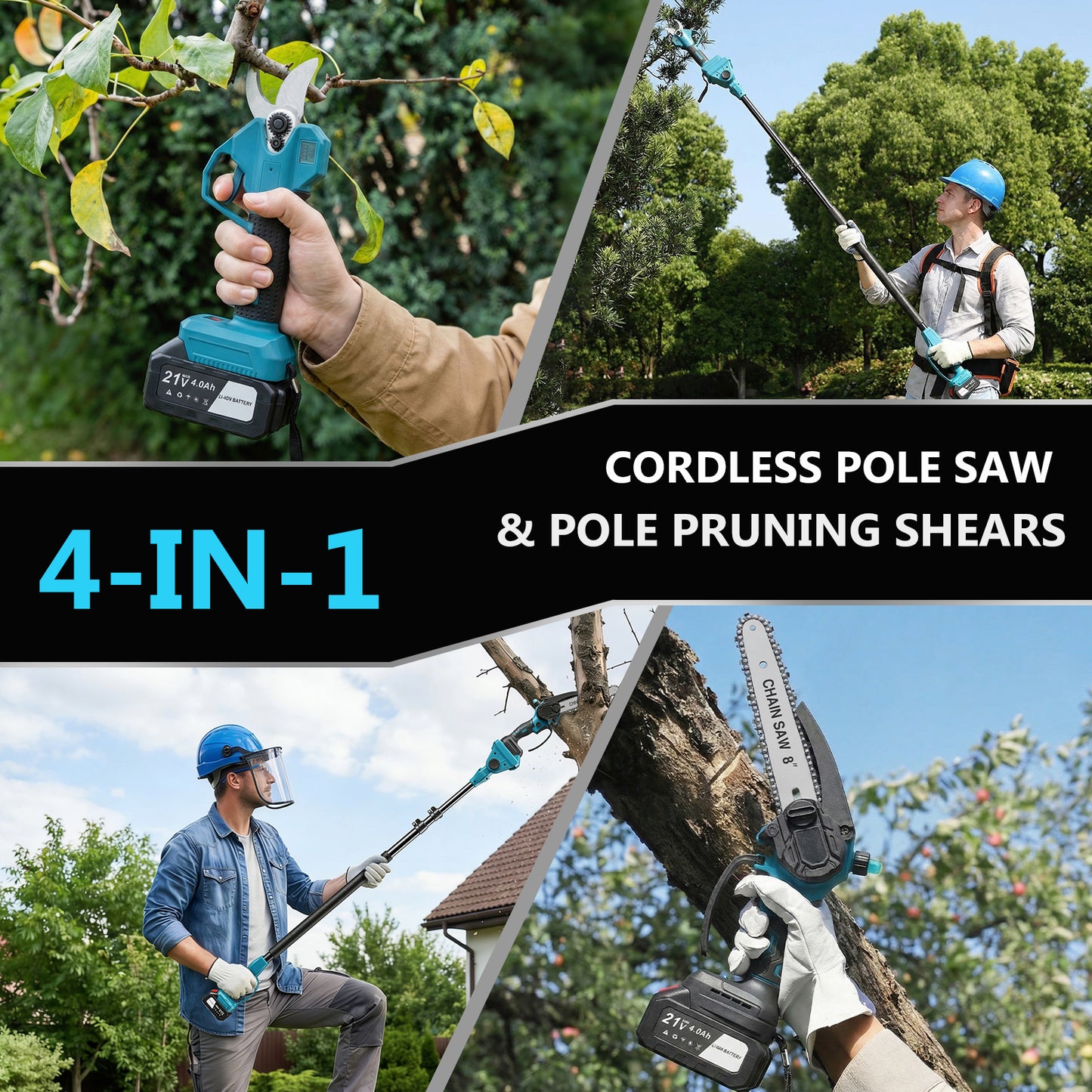 4-in-1 Cordless Pole Saw & Electric Pruning Shears, 8.53FT Telescoping Pole 180¡ã Rotating Head, 8 inch Cordless Tree Trimmer with 2¡Á4.0Ah Batteries for Garden Pruning