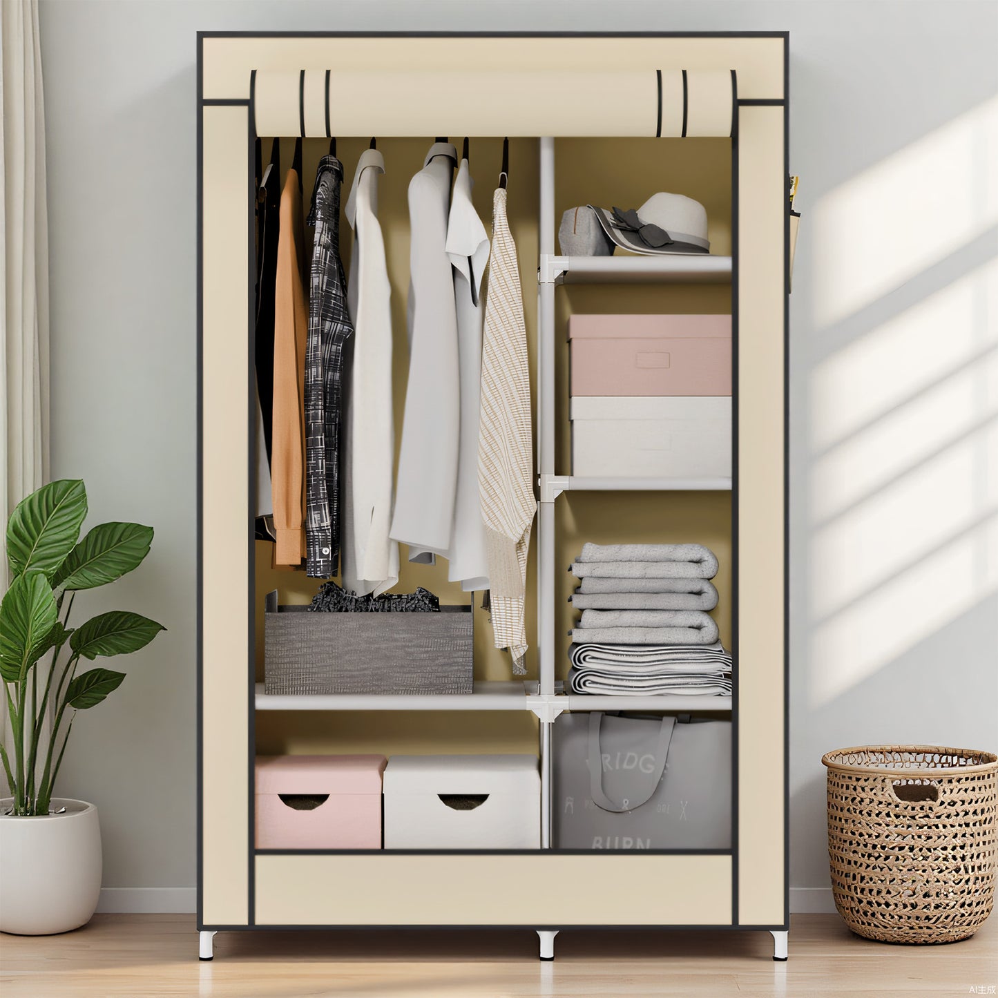 BAOKALER Wardrobe Closet Storage, Hanging Closet organizer, Clothes Rack with Cover, Tool-Free Assembly Clothes Storage for Home Bedroom Living Room, Beige