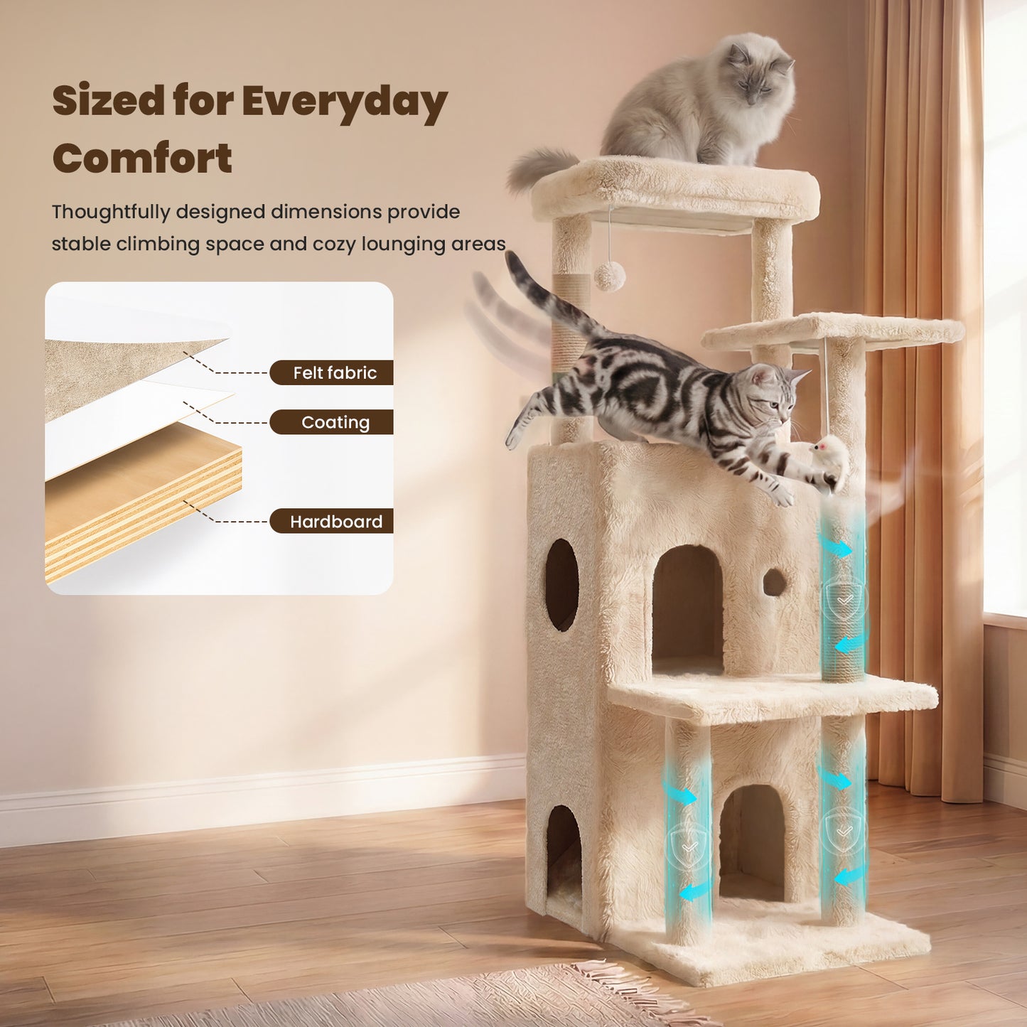 50-inch Large Cat Tree for Adult Cats, Multi-Level Cat Condo with 2 Cozy Caves, Steps, Sisal Scratching Posts & Toys, Beige
