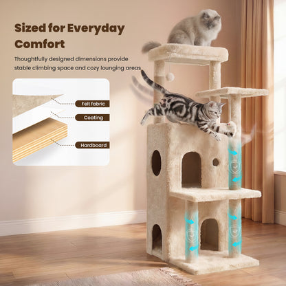 50-inch Large Cat Tree for Adult Cats, Multi-Level Cat Condo with 2 Cozy Caves, Steps, Sisal Scratching Posts & Toys, Beige