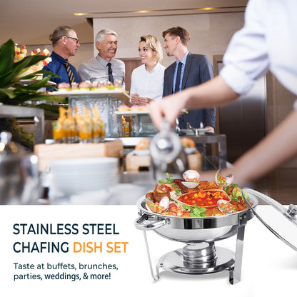 Chafing Dish Buffet Set, 5 Qt 2 Pack, Stainless Steel Chafer with 2 Full Size Pan, Round Catering Warmer Server with Glass Lid Water Pan Folding Stand Fuel Holder, for Wedding Party Banquet