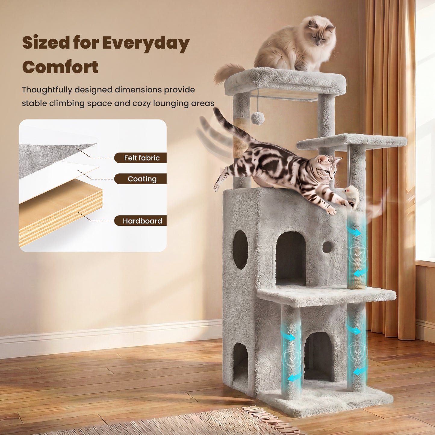 50 in Cat Tree Tower for Large Cats - Tall Cat Cando with Scratching Posts & Dangling Toys for Indoor Cats, Light Gray, 23.20 x 21.60 x 50.00 in