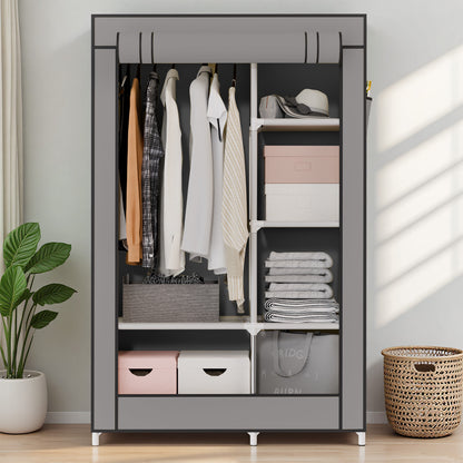 BAOKALER Portable Closet Clothes Garment Rack, Wardrobe Organizer with 6 Shelves & 1 Hanging Rod, 4 Side Pockets for Bedroom, Living Room, Cloakroom, Dorm, Apartment, Gray