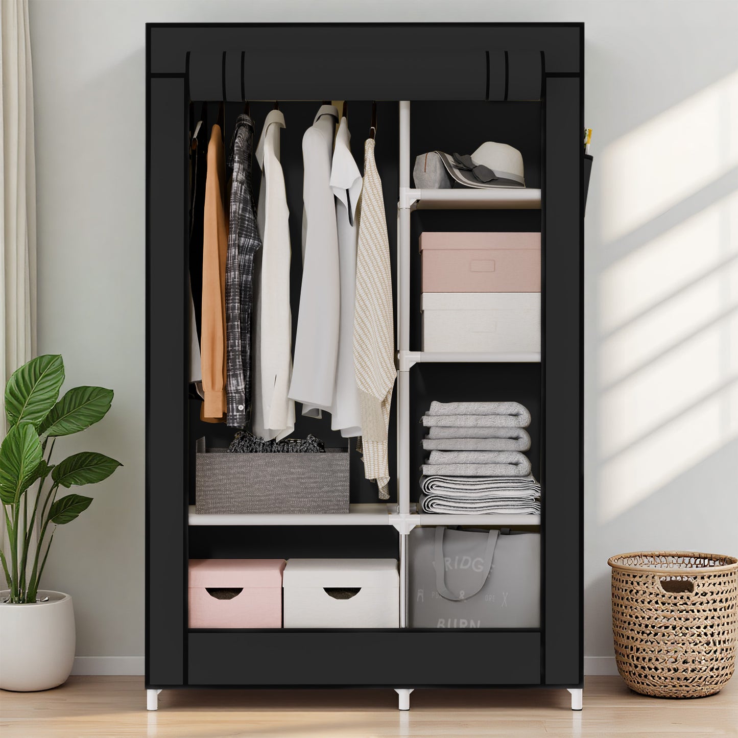 BAOKALER Portable Closet Organizer with 6 Shelves & 1 Hanging Rod, Non-woven Fabric Wardrobe Clothes Storage with 4 Side Pockets for Bedroom, Living Room, Cloakroom, Dorm, Apartment, Black