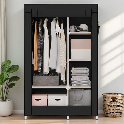 BAOKALER Portable Closet Organizer with 6 Shelves & 1 Hanging Rod, Non-woven Fabric Wardrobe Clothes Storage with 4 Side Pockets for Bedroom, Living Room, Cloakroom, Dorm, Apartment, Black