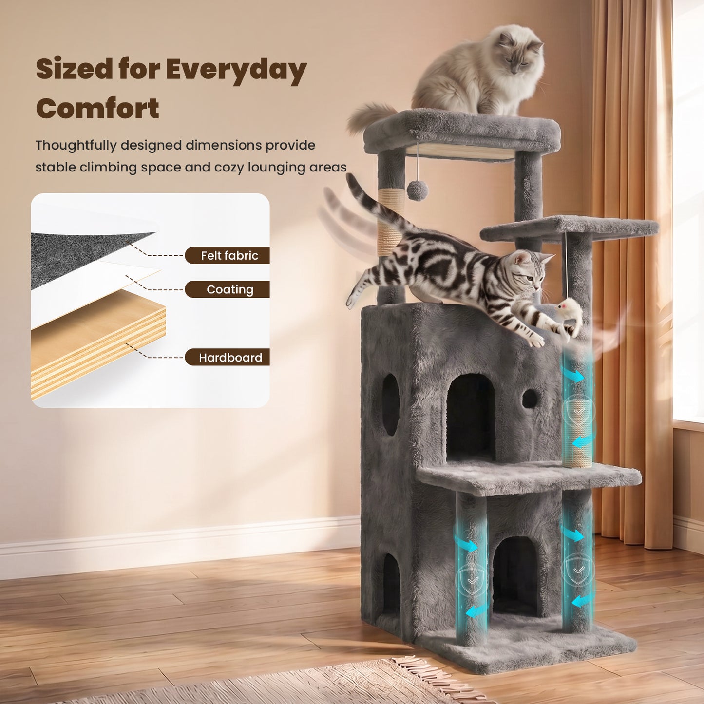 50-inch Cat Tree for Large Cats - Tall Cat Tree Tower with Sisal Scratching Posts & Dangling Toys for Indoor Cats , Dark Gray
