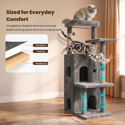 50-inch Cat Tree for Large Cats - Tall Cat Tree Tower with Sisal Scratching Posts & Dangling Toys for Indoor Cats , Dark Gray