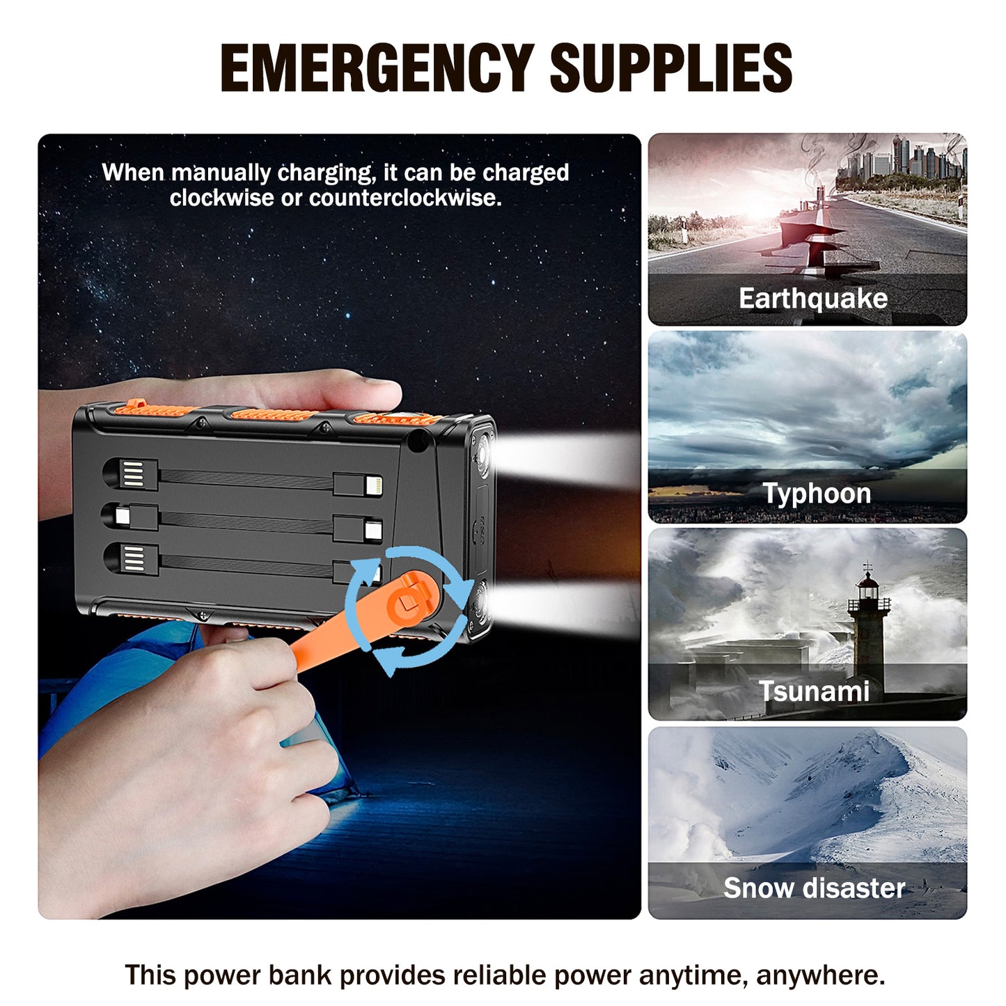 Solar Charger Power Bank 49800mAh, Portable Charger with Dual Outputs & Dual Inputs 2 LEDs Flashlight, Hand Crank Power Bank Fast Charging Battery Pack for Outdoor Camping Survival Gear