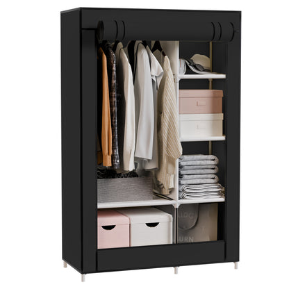 BAOKALER Portable Closet Organizer with 6 Shelves & 1 Hanging Rod, Non-woven Fabric Wardrobe Clothes Storage with 4 Side Pockets for Bedroom, Living Room, Cloakroom, Dorm, Apartment, Black