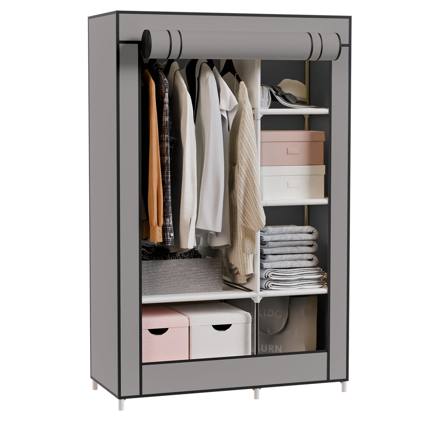 BAOKALER Portable Closet Clothes Garment Rack, Wardrobe Organizer with 6 Shelves & 1 Hanging Rod, 4 Side Pockets for Bedroom, Living Room, Cloakroom, Dorm, Apartment, Gray