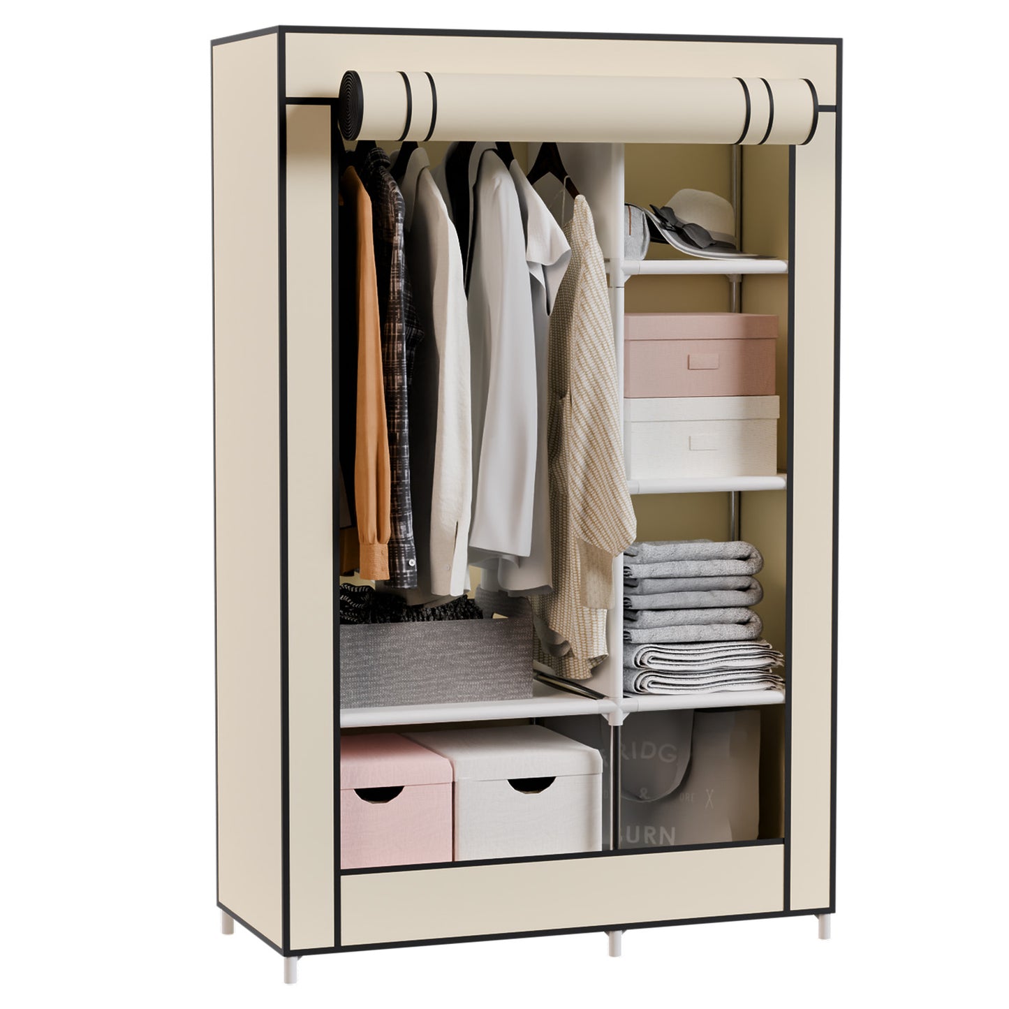 BAOKALER Wardrobe Closet Storage, Hanging Closet organizer, Clothes Rack with Cover, Tool-Free Assembly Clothes Storage for Home Bedroom Living Room, Beige