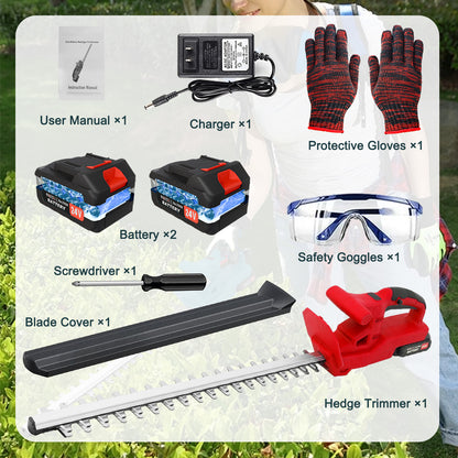 20 inch Cordless Hedge Trimmer, 24V Electric Hedge Trimmer with 2×2000mAh Batteries for Hedge Shrub Grass Lawn Pruning, Red