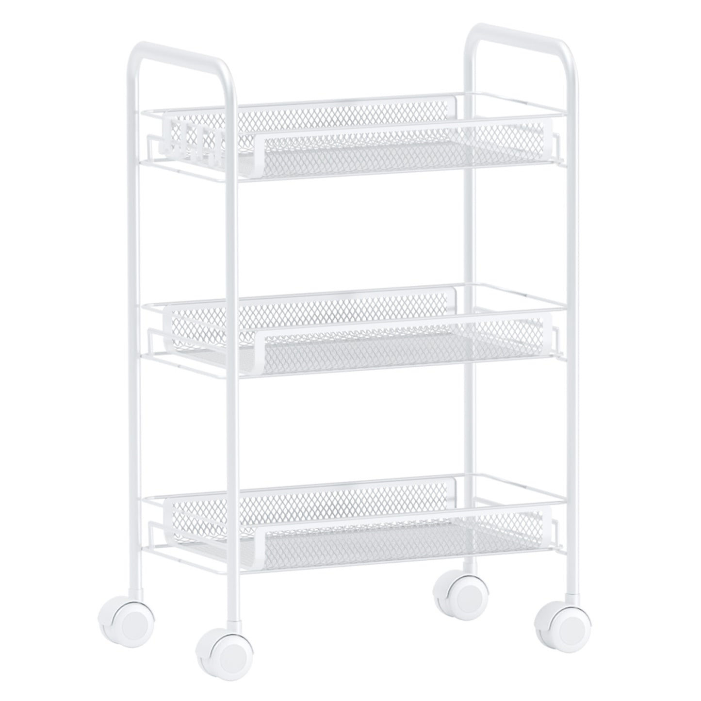 3 Tier Rolling Cart on Wheels, Rustproof Metal Cart with Lockable Wheels, Kitchen Rolling Shelf, Mesh Storage Basket for Living Room, Bathroom, Kitchen, Office, White