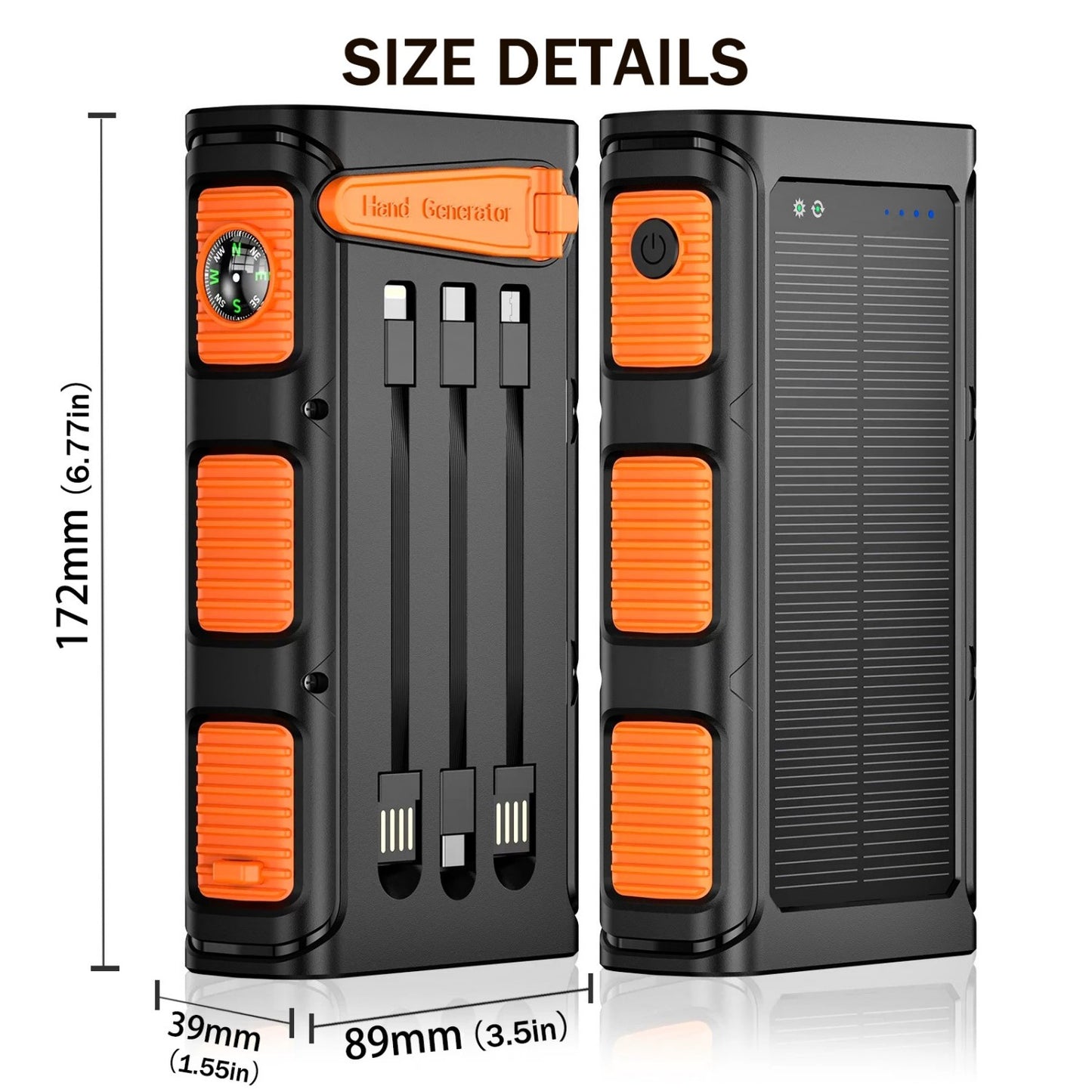 Solar Power Bank, Portable Charger with Dual Output LED Flashlight, Hand Crank Power Bank